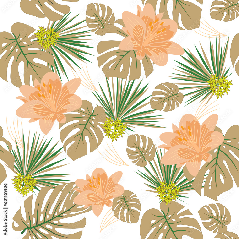 Beautiful exotic floral seamless pattern with orange lilies, green monstera deliciosa and fern leaves on white background.