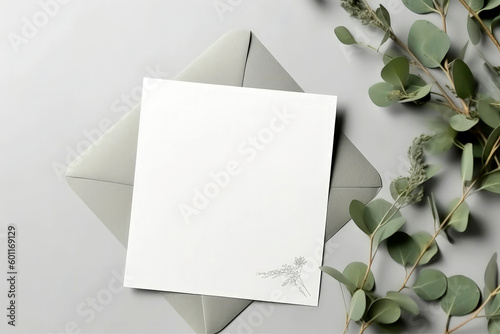 Generative AI illustration of Top view, Blank Wedding or events invitation card mockup in paste colors with natural eucalyptus twigs