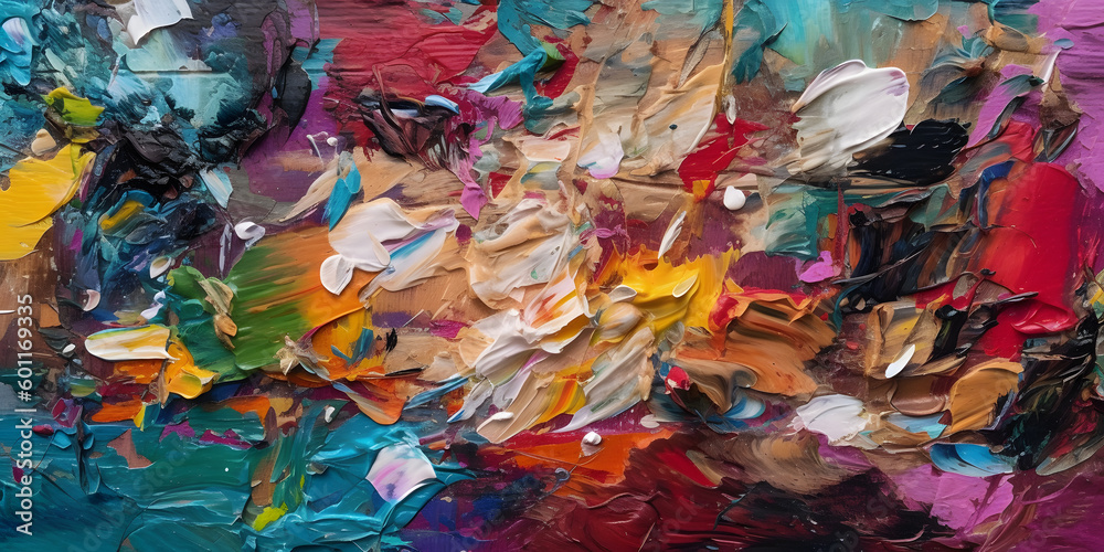 Fragment of multicolored texture painting. Abstract art background. oil on canvas. Rough brushstrokes of paint. Closeup of a painting by oil and palette knife. Generative AI 