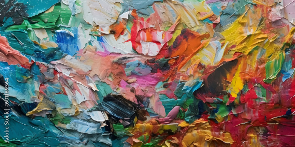 Fragment of multicolored texture painting. Abstract art background. oil on canvas. Rough brushstrokes of paint. Closeup of a painting by oil and palette knife. Generative AI 