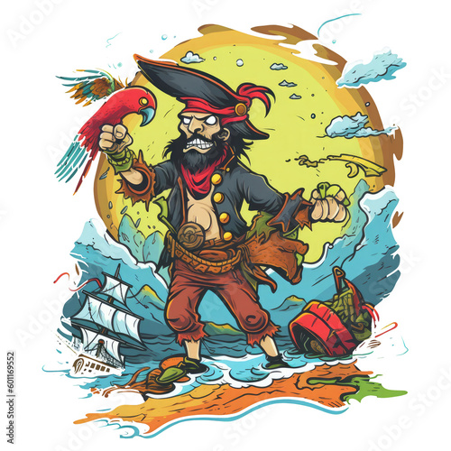 A humorous pirate-themed design with a cartoonish pirate character holding a map and a compass, with a confused expression on their face as they try to navigate the seas, Generative Ai