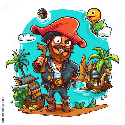 A whimsical pirate-themed design with a cartoonish pirate character holding a parrot on their shoulder, the pirate has a patch over one eye and a peg leg, Generative Ai