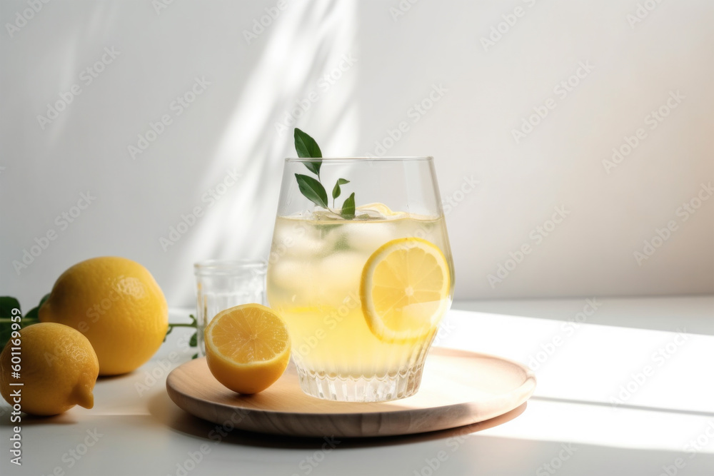 Summer concept with a glass of fresh lemonade with copy space. Generative AI Summer concept with a glass of fresh lemonade with copy space. Generative AI