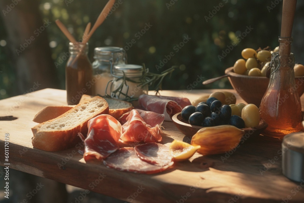 Delicious prosciutto on wooden board with olives and bread in sunny day. High-quality 4k footage. Generative AI