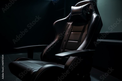 Sleek black gaming chair with a glossy finish and comfortable design. Perspective view attracts gamers. Generative AI