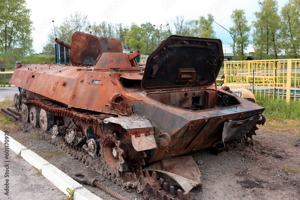 Ukraine - A rusty armored personnel carrier is on display. Burnt Russian tanks in Ukraine. War in Ukraine Ukraine - A rusty armored personnel carrier is on display. Burnt Russian tanks in Ukraine. War in Ukraine