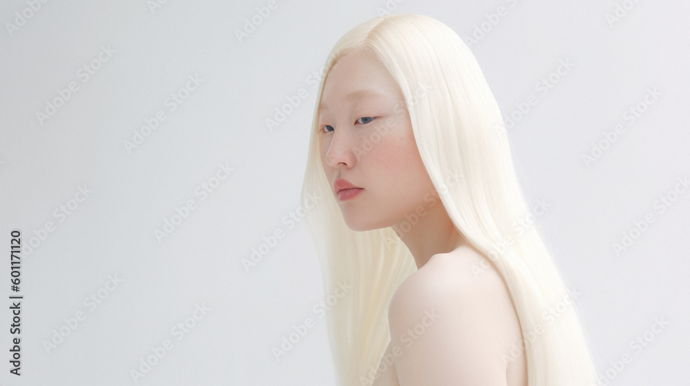 Obraz premium Portrait of a young depressed blonde asian albino woman struggling with her mental health issues. Generative AI