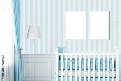 Childrens room mockup with three wooden bohostyle frames A4