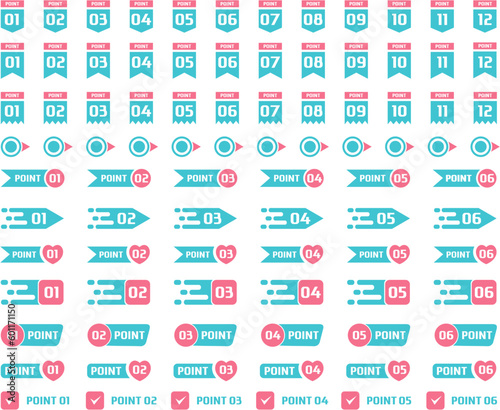 Number bullet point vector icon, Number bullet point set. This illustration includes arrows, ornaments, frames, ribbons and lots of simple design elements