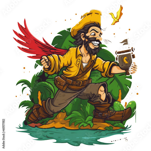 A comical pirate-themed design with a cartoonish pirate character chasing a golden chicken, with a bottle of rum in their belt and a cutlass in their hand, the pirate has a wooden leg, Generative Ai