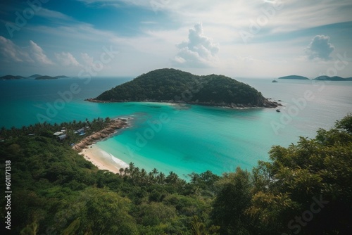 Scenic Laem Sing viewpoint overlooks peaceful turquoise beach in Phuket, Thailand. Generative AI