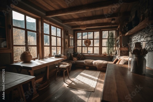 Cozy rustic home with wooden furniture and large windows. Generative AI