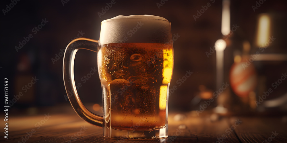 Glass of beer on a table in a bar on blurred bokeh background. Generative AI