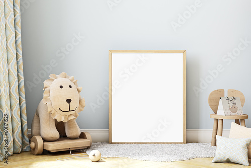 Boho baby room mockup frame 8x10, 3D render	
