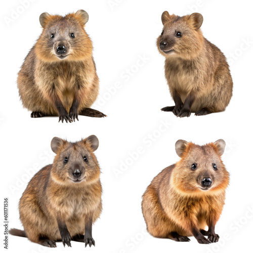 set of 4 quokka isolated on transparent png background, different positions Australia endemic animal, cute small pet generative ai