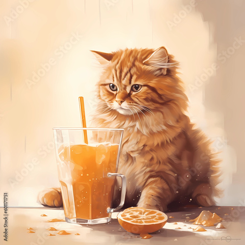 Orange cat drinking iced coffee. AI GENERATED