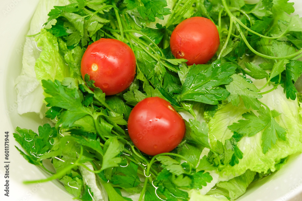 Close up lettuce parsley tomato inside of water for cleaning before making salad. Making salad with vegetables concept background. Selective focus. 