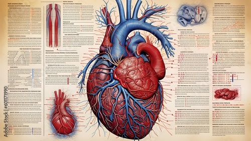 A detailed and informative image of a human heart that highlights the various anatomical structures and key features of the organ. Anatomy book art. Generative Ai. photo