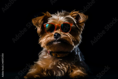 a brutal dog with glasses on a black background in the studio. the image was created using artificial intelligence.AI generated