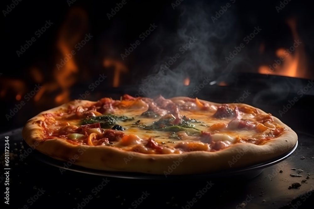 Close-up shot of steaming hot wood-fired oven pizza on a wooden plate. Generative Ai Close-up shot of steaming hot wood-fired oven pizza on a wooden plate. Generative Ai