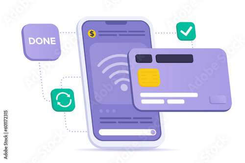 Successful Wireless Payment concept. Easy Contactless Approved Payment by Credit Card and Smartphone with NFC technology. Mobile Wallet, Online banking, e-commerce. Cashless payment Isometric vector