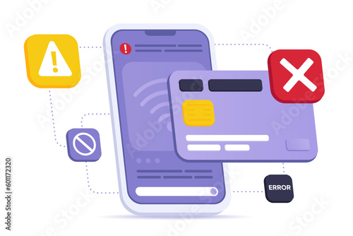 Smartphone NFC technology, credit card, Error Messages. Contactless Payment Rejected, Cancellation wirelessly purchase, Cashless Payment problem concept. Mobile banking app, e-payment Isometric Flat