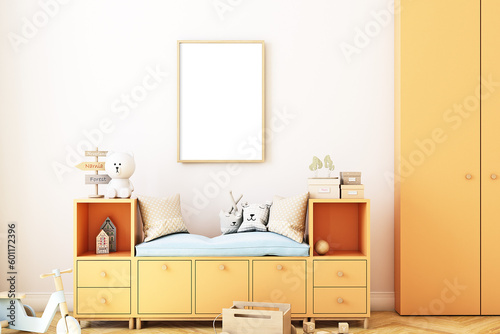  Childrens room mockup with wooden bohostyle frame A4