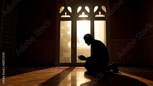 Muslim guy in silhouette offering prayer. GENERATE AI