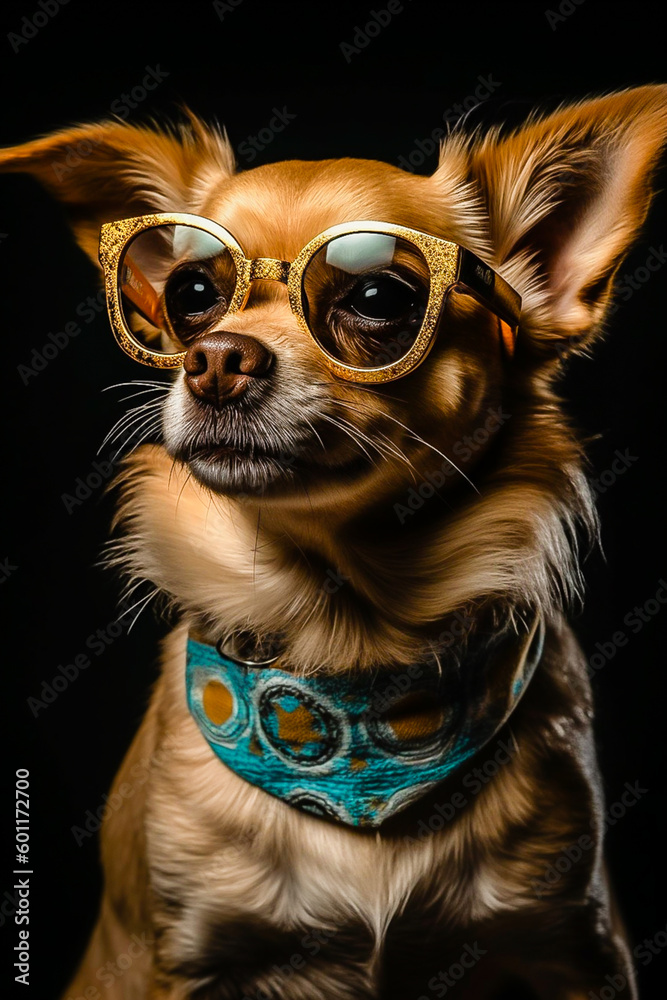 a brutal dog with glasses on a black background in the studio. the image was created using artificial intelligence.AI generated