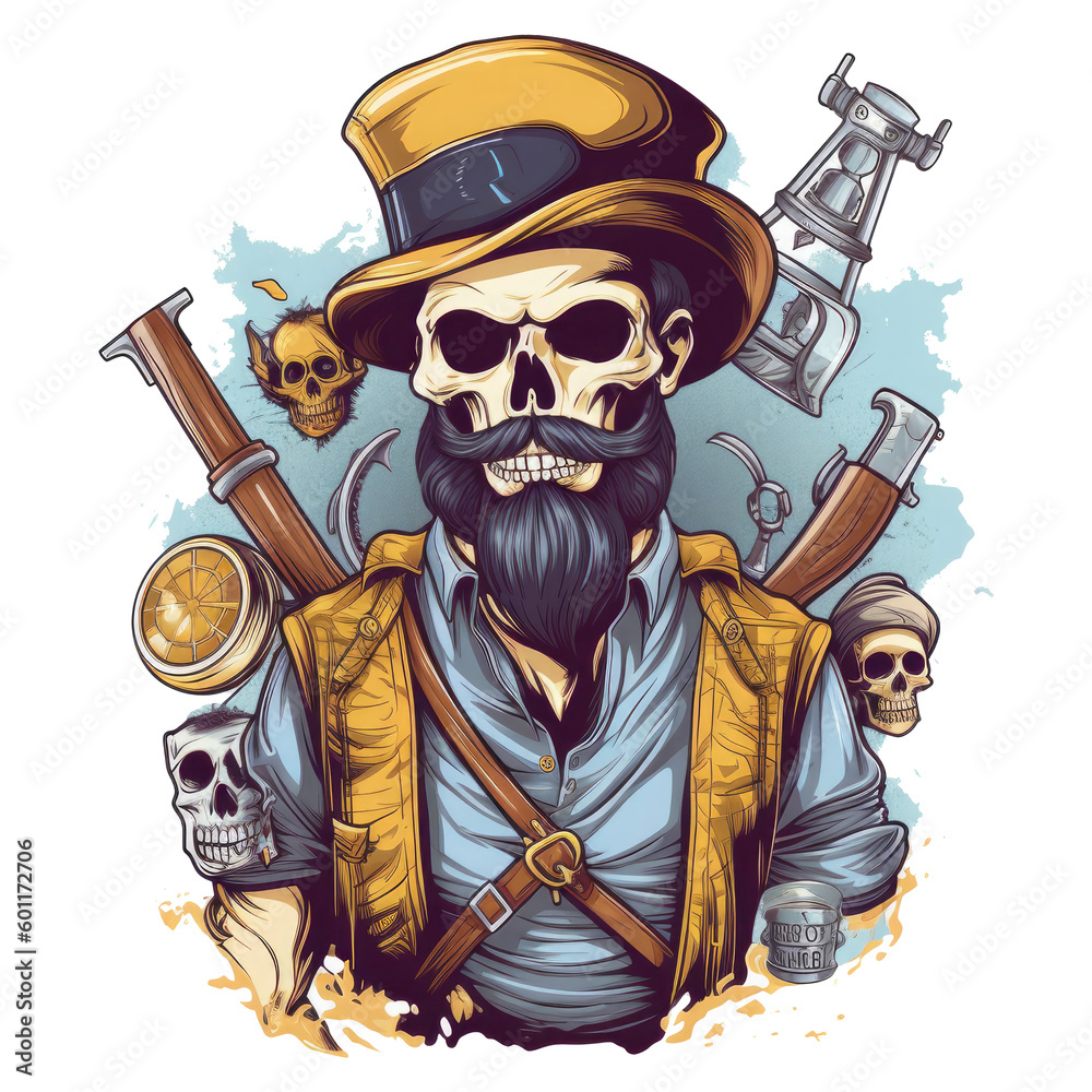 A retro pirate t-shirt design with a skull-faced pirate captain, the ...