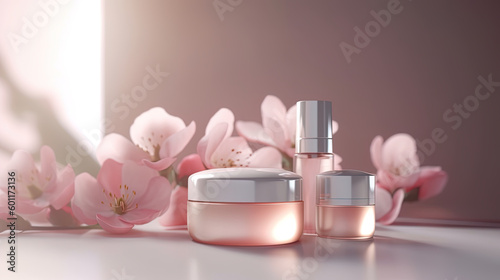 Various glass bottles and jars filled with beauty products on a pale pink background with almond blossoms  natural flowers. generative AI.