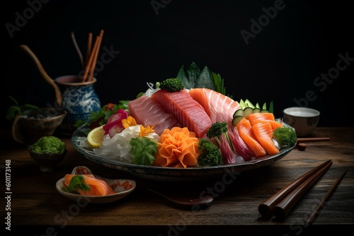 Plate of Japanese sashimi with veggies. Generative AI