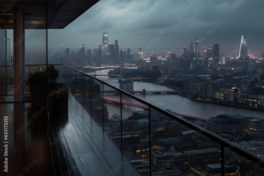 Fototapeta premium A balcony with a view of a city at night. Generative AI.