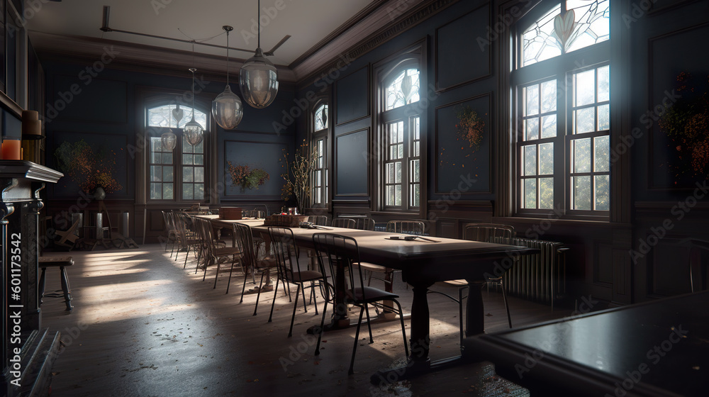 A dining room with a lot of tables and chairs. Generative AI. Dark academia style, victorian style mansion interior design with wooden stairs.