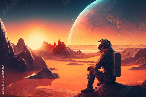 Astronaut Admires Splendid Sunset. AI generated
