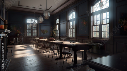 A dining room with a lot of tables and chairs. Generative AI. Dark academia style  victorian style mansion interior design with wooden stairs.