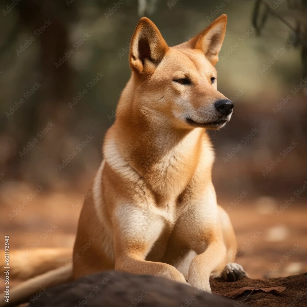 portrait of Australian Dingo, alpha male female endemic  local dog, looking cautious for prey, generative ai