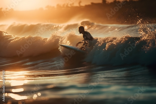 Surfer practicing surfing on wavy sea with splashing water. Generative AI  