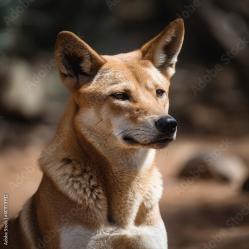portrait of Australian Dingo, alpha male female endemic local dog, looking cautious for prey, generative ai