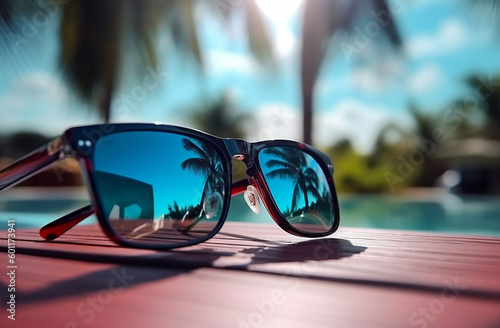 Eine Sonnenbrille spiegelt die Landschaft einer Tropischen Südseeinsel in ihren Brillengläsern - Urlaub - Ferien - Sommer - AI / KI generiert