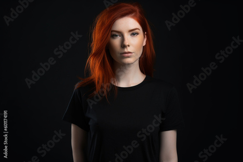 Young redhead woman posing on the Halloween background with pumpkins and potions in plain black t-shirt. Mock up. High quality photo Generative AI © Starmarpro