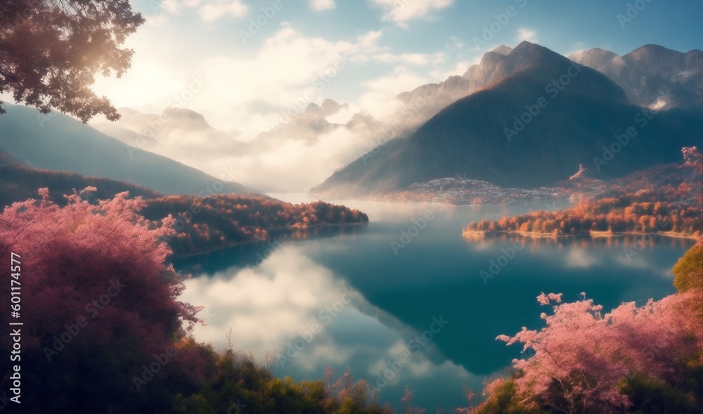 Beautiful landscape with mountains and lake (Generative AI) - obrazy, fototapety, plakaty 