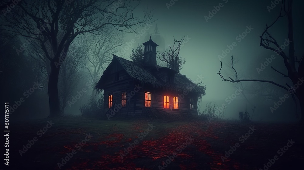 Spooky house or witch hut, dark and scary night halloween scene with fog - obrazy, fototapety, plakaty 