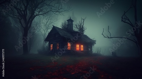 Fotografia Spooky house or witch hut, dark and scary night halloween scene with fog
