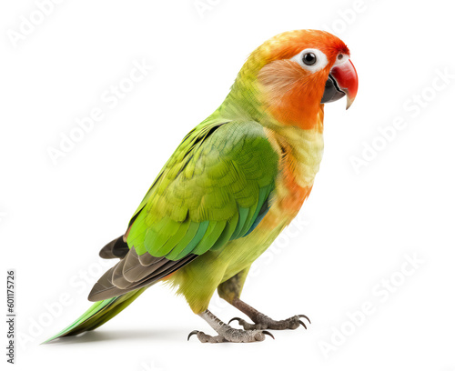 cute little yellow and green lovebird / macaw isolated over a transparent background, cut-out pet parrot or exotic wildlife design element, generative AI
