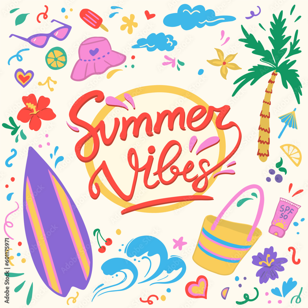 Summer doodle set retro template for postcards, banners and social media. Hand drawn red lettering. Surfboard, bandana, palm, sunglasses, lemon, wave, umbrella, sunscreen and ice cream vector cliparts