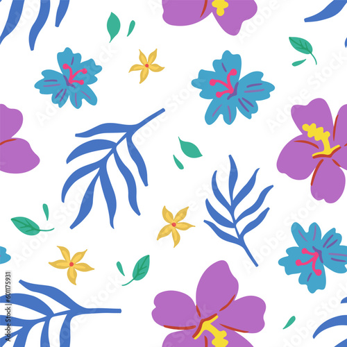 Seamless tropical pattern with hibiscus  blue and yellow flowers on white background. Hand drawn minimalism vector illustration for summer romantic cover  tropical wallpaper  prints  wrapping  textile