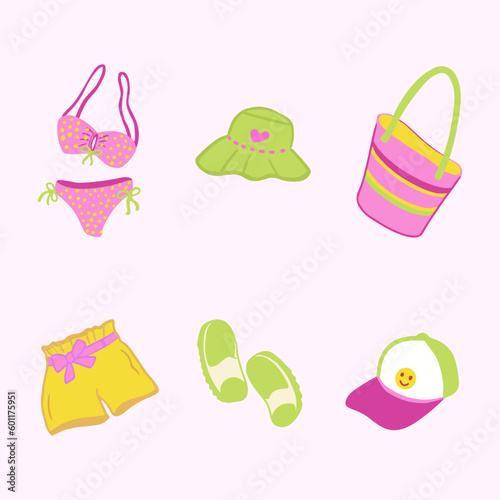 Hand drawn summer clothes in modern style and colors set. Pink template with text space for postcards, banners and social media. Panama, beaded necklace, swimsuit, shorts, straw bag and lemons