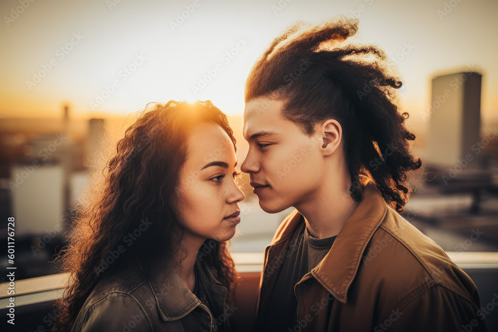 A young couple stands on a rooftop, overlooking the city skyline. They hold each other tightly, with expressions of deep love and affection on their faces. Generated AI.