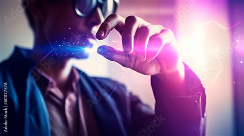futuristic glow between the fingers of a person, generativ AI photo